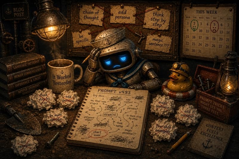 Image Frustrated steampunk robot repeatedly rewriting prompts while surrounded by discarded prompt ideas. A mug reads “It Worked Yesterday,” and a rubber duck in a mining helmet watches nearby. The illustration represents the cycle of chasing better prompts instead of improving structured context.