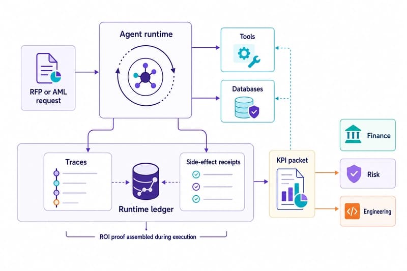 Architecture diagram showing a financial services agent request flowing through an agent runtime into tools, databases, traces, side-effect receipts, a runtime ledger, and an evidence-backed KPI packet.