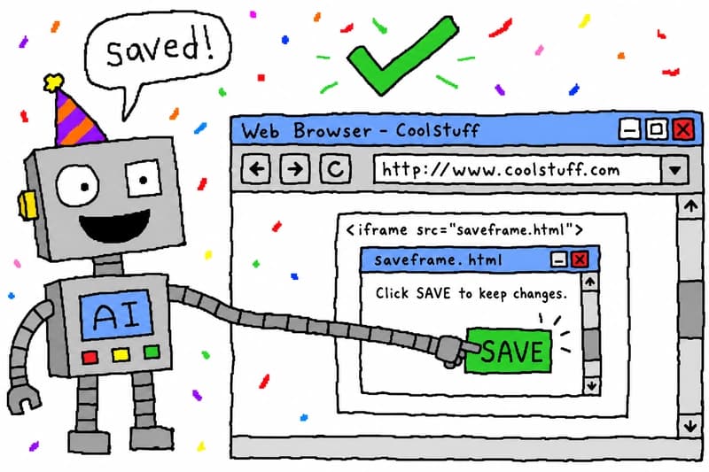 An agent wearing a party hat reaches into an iframe, successfully presses SAVE, and gets a green saved checkmark