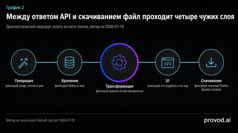 Диагностическая трасса ассета из пяти этапов от генерации до скачивания