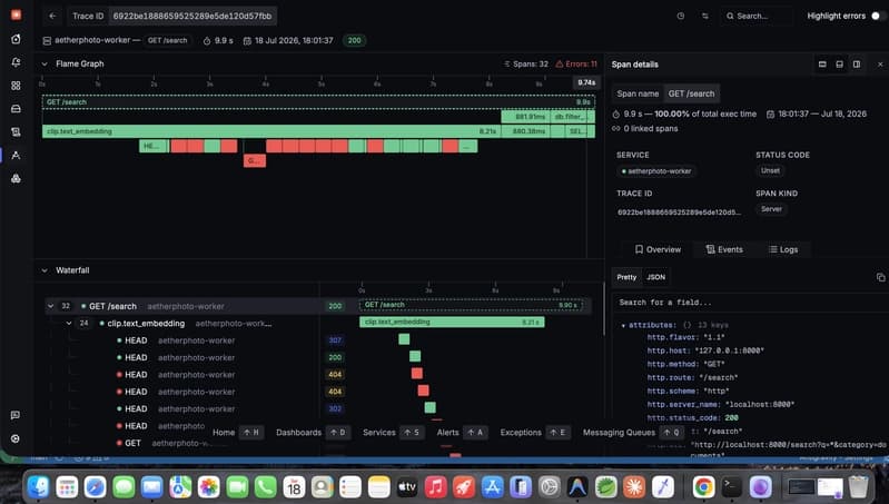 distributed trace view showcasing trace propagation from the API web process to the background task worker. The parent span originates from the POST /ingest/local API endpoint, with a span signaling the Redis payload publication, which then links directly to the start of the ingest_local_directory task span in the worker service.