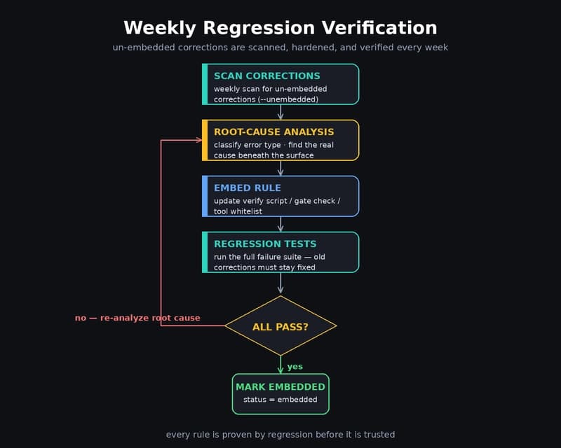 Weekly regression verification flow: scan → root-cause analysis → embed rule → regression tests → all pass? → mark embedded, or loop back to re-analyze