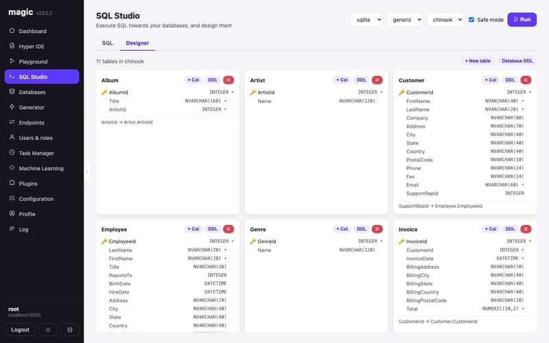 The SQL Studio Designer tab rendering chinook tables as schema cards with foreign keys
