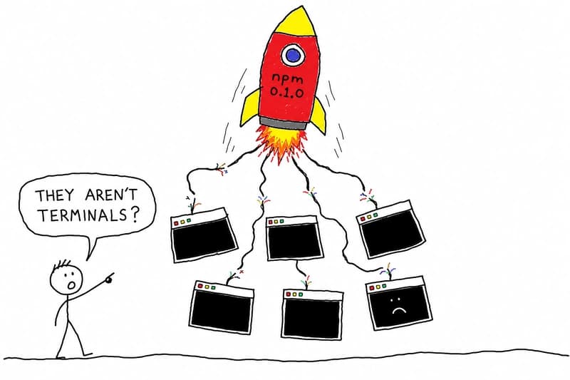 A terrible MS Paint rocket labeled npm 0.1.0 launching while six broken terminal windows dangle below it.