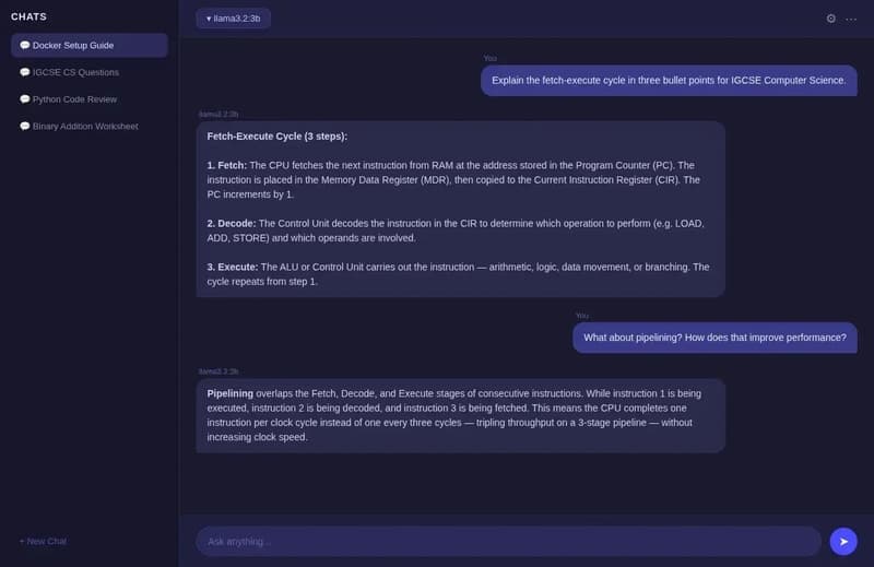 Open WebUI chat interface showing a conversation with a locally running model, model dropdown at top left, dark theme