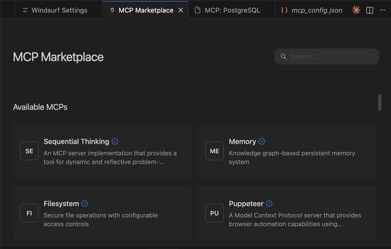 Windsurf MCP Marketplace showing available servers