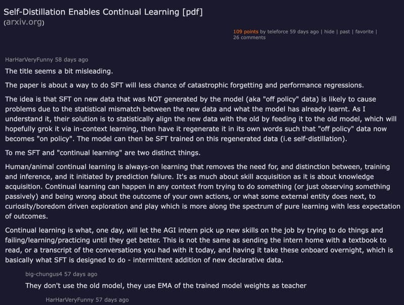 Hacker News discussion on Self-Distillation Enables Continual Learning paper with 109 points and 26 comments