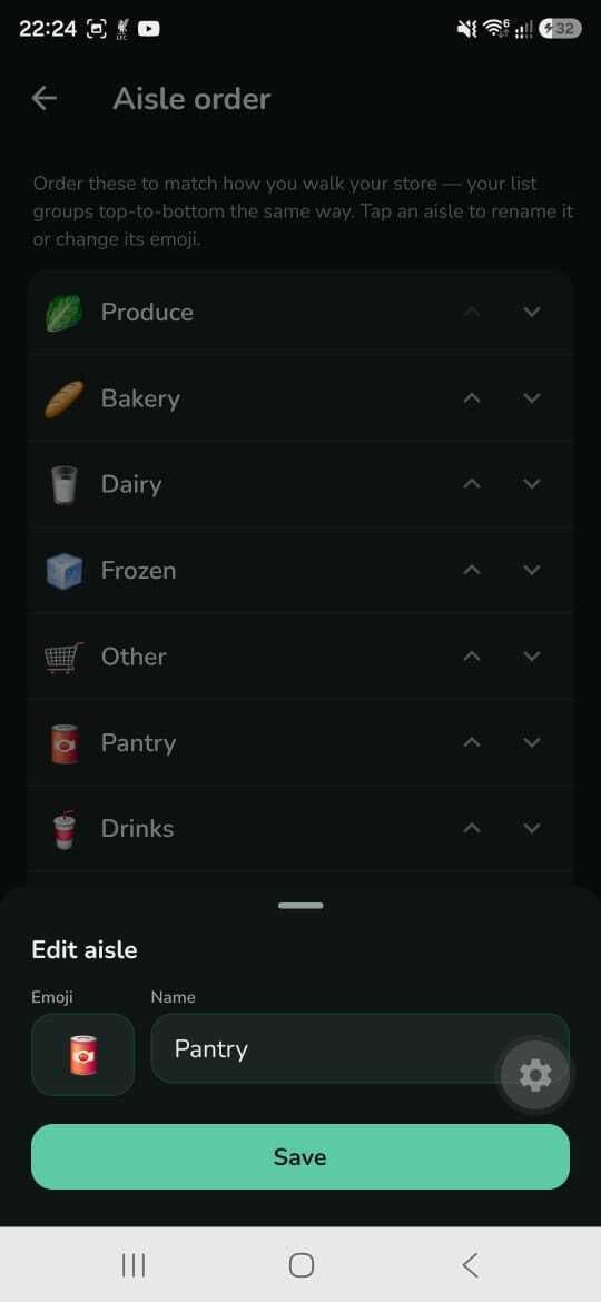 Updating an aisle — rename it and pick its emoji; the items underneath keep the immutable key