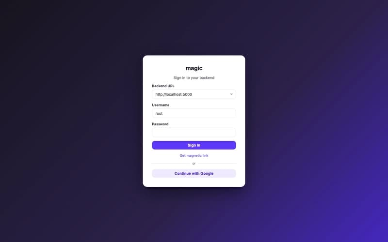 The Magic login screen with backend selector, magnetic link and Google sign-in