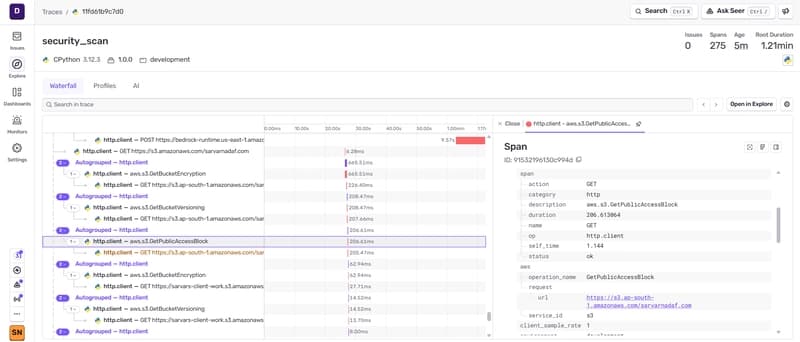 Sentry transaction overview showing clean 57s pipeline with no retries