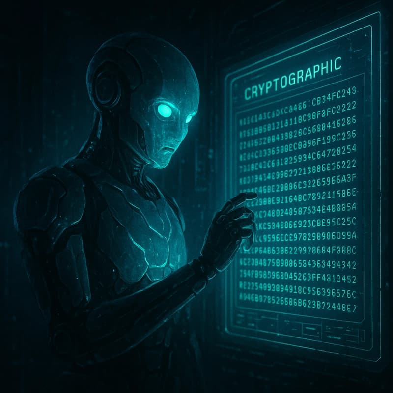AI robot examining cryptographic code on a holographic screen