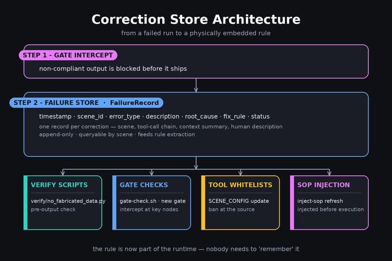 Correction store architecture: gate intercept → failure store → verify scripts, gate checks, tool whitelists, SOP injection