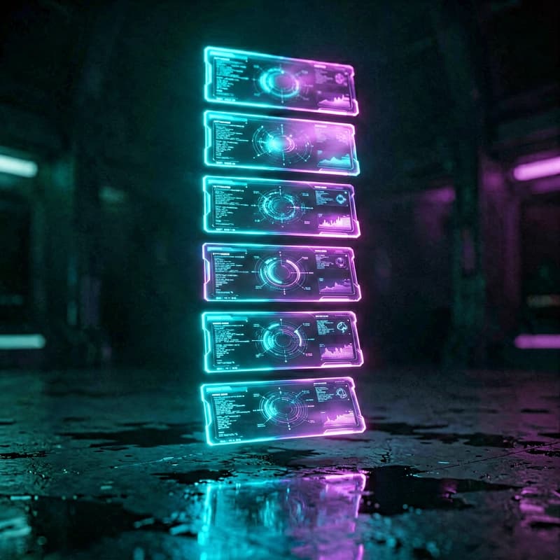 Seven glowing data slots arranged as a structured prompt architecture