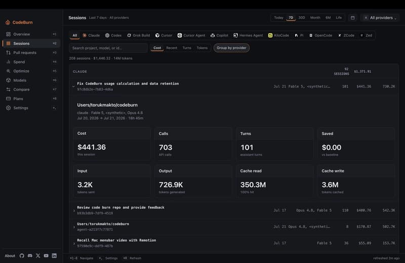 AI coding sessions with project and cost context