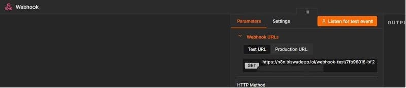 screenshot: webhook node showing public url