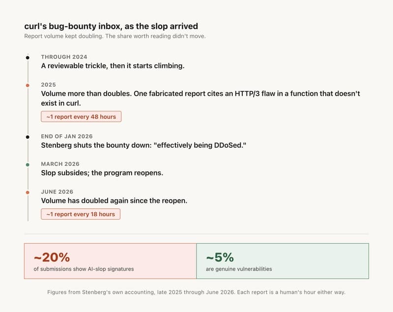 A dated timeline of curl's bug-bounty volume: a reviewable trickle through 2024, doubling to one report every 48 hours in 2025, the late-January 2026 shutdown, the March 2026 reopening, and a second doubling to one every 18 hours by June 2026; alongside the ratio of ~20% AI-slop submissions to ~5% genuine vulnerabilities.