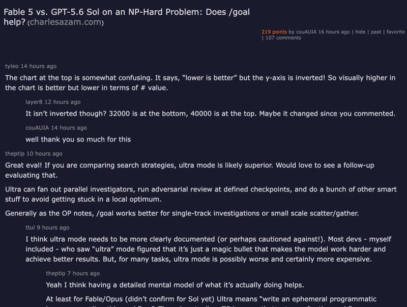 Hacker News discussion: Fable 5 vs GPT-5.6 Sol on an NP-Hard Problem — 218 points, 107 comments