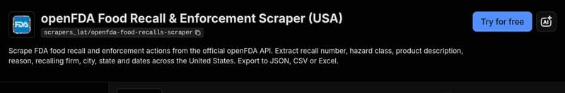 The openFDA Food Recall & Enforcement Scraper on the Apify Store