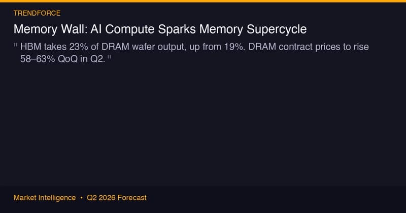 TrendForce: Memory Wall — HBM takes 23% of DRAM wafer output, DRAM contract prices to rise 58–63% QoQ in Q2 2026