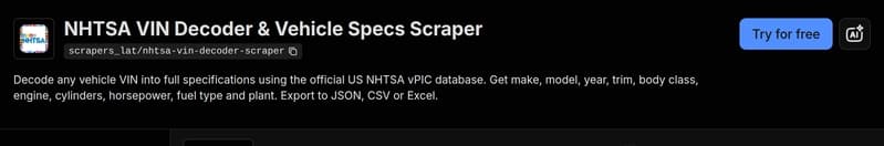 The NHTSA VIN Decoder & Vehicle Specs Scraper on the Apify Store