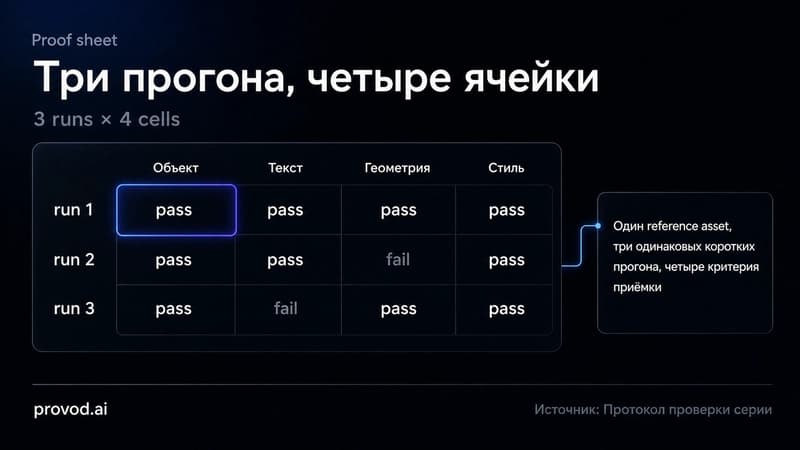 Сетка proof sheet из трёх прогонов и четырёх ячеек