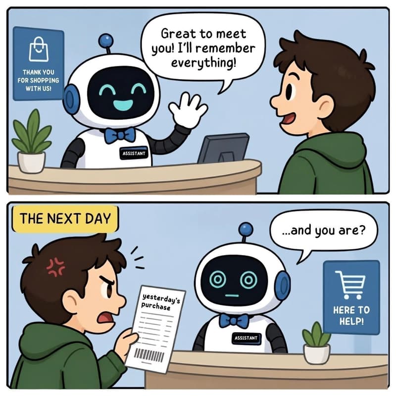 Comic: un robot asistente de IA saluda a un cliente prometiendo recordar todo, y al día siguiente le pregunta al mismo cliente, recibo en mano,
