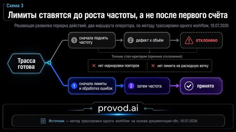 Решающая развилка оператора n8n: отвергнутый путь через рост частоты и принятый путь через лимиты и обработку ошибок