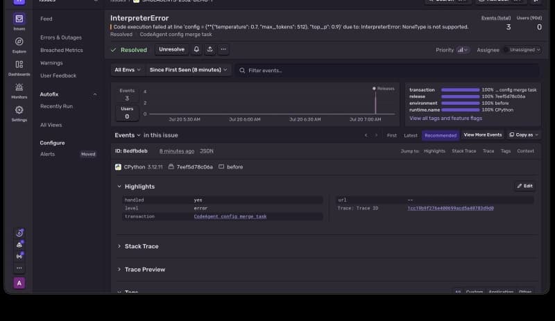 Sentry issue showing InterpreterError NoneType is not supported, 3 events, environment before, transaction CodeAgent config merge task