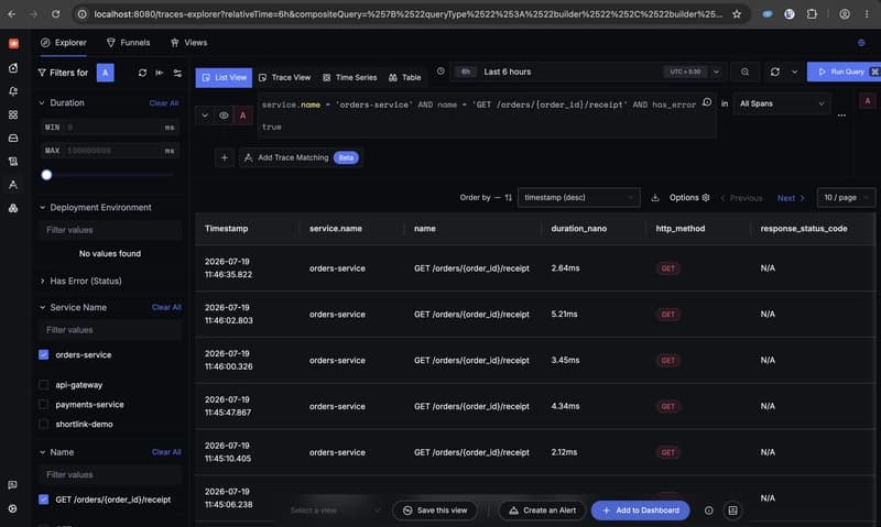 Query Builder filtered to the 10 crashing receipt-endpoint requests on orders-service