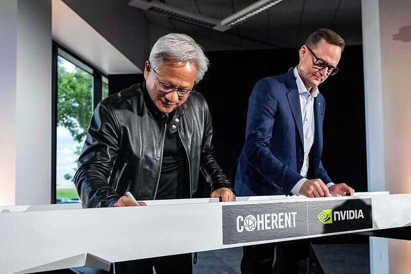 Nvidia CEO Jensen Huang signing a ceremonial construction beam at Coherent facility groundbreaking in Sherman Texas June 2026