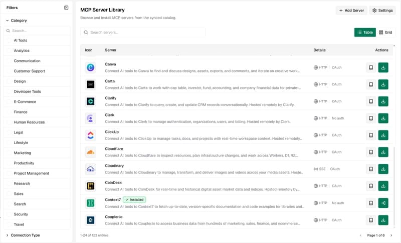 The Bifrost MCP Server Library showing 487 available servers, with Context7 marked as installed