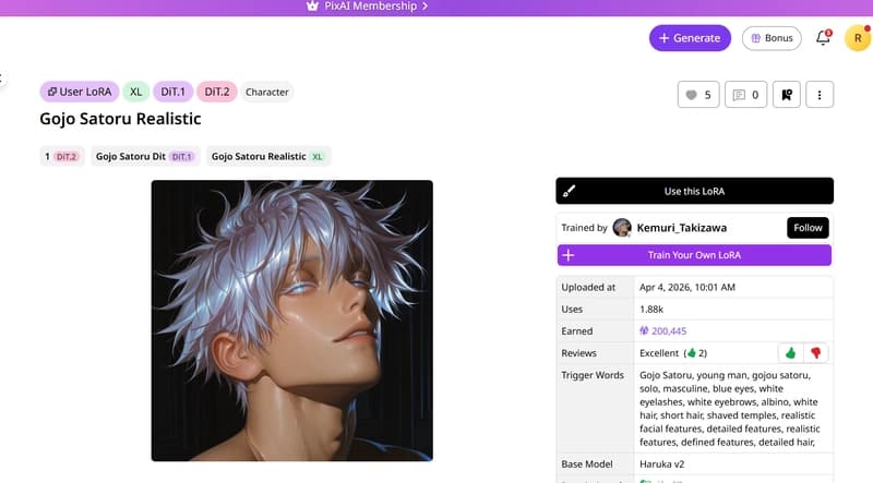 PixAI LoRA information page listing the recommended trigger words and base model