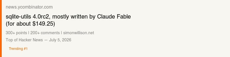 Hacker News thread discussing Simon Willison's sqlite-utils 4.0rc2 release mostly written by Claude Fable for $149.25