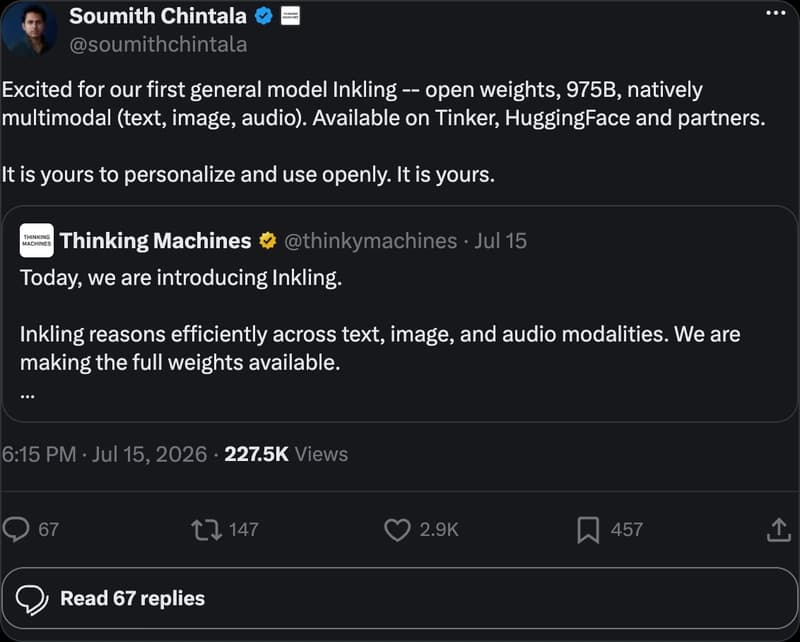 Soumith Chintala on X: Our first general model Inkling — open weights, 975B, natively multimodal. It is yours.