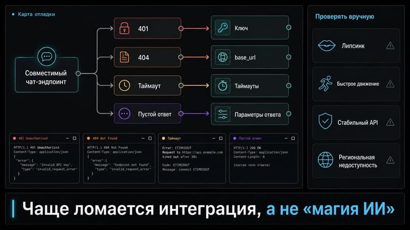 Карта отладки: узлы n8n, коды ответов 401, 404, таймаут, пустой ответ и шаги проверки