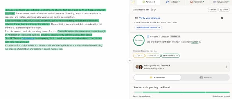 GPTZero showing the Ryter Pro rewrite as 100 percent human