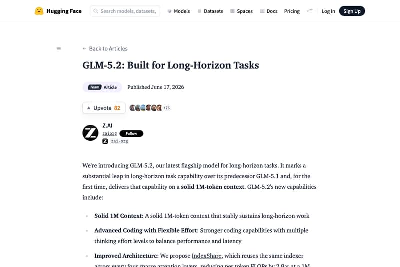 GLM-5.2 technical blog on HuggingFace — built for long-horizon tasks