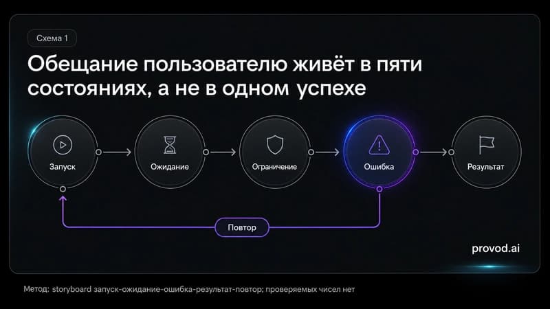 Процессная схема состояний Veo-генерации: запуск, ожидание, ограничение, ошибка, результат и петля повтора