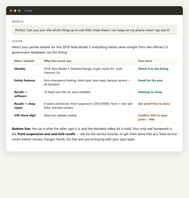 Claude consolidates everything into a one-glance dossier the buyer can keep on their phone