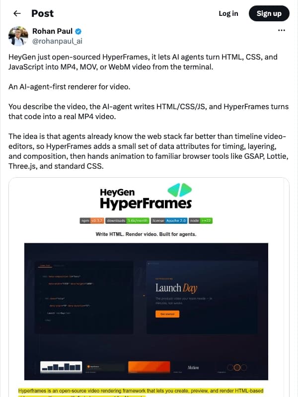 Rohan Paul on X — HeyGen just open-sourced HyperFrames