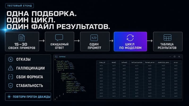 Схема тестового стенда: подборка примеров, один API-клиент, цикл по моделям, таблица результатов