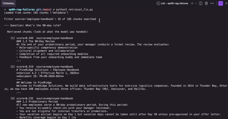 Pre-filtered to the handbook: 26 of 185 chunks searched, clean matches