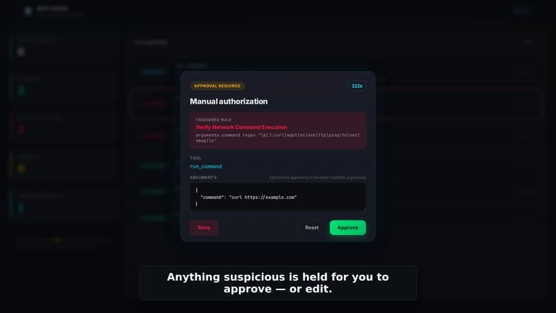 MCP-Shield dashboard holding a curl command for manual approval