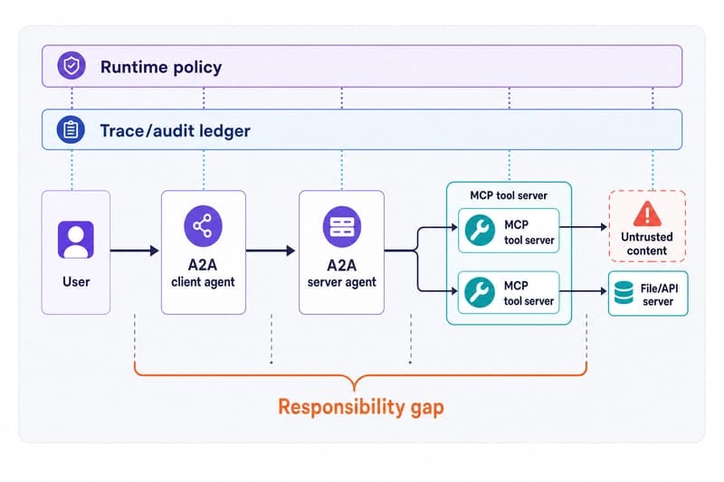 Architecture map showing an A2A client delegating to an A2A server that calls MCP tools while runtime policy and trace audit span the protocol seam.