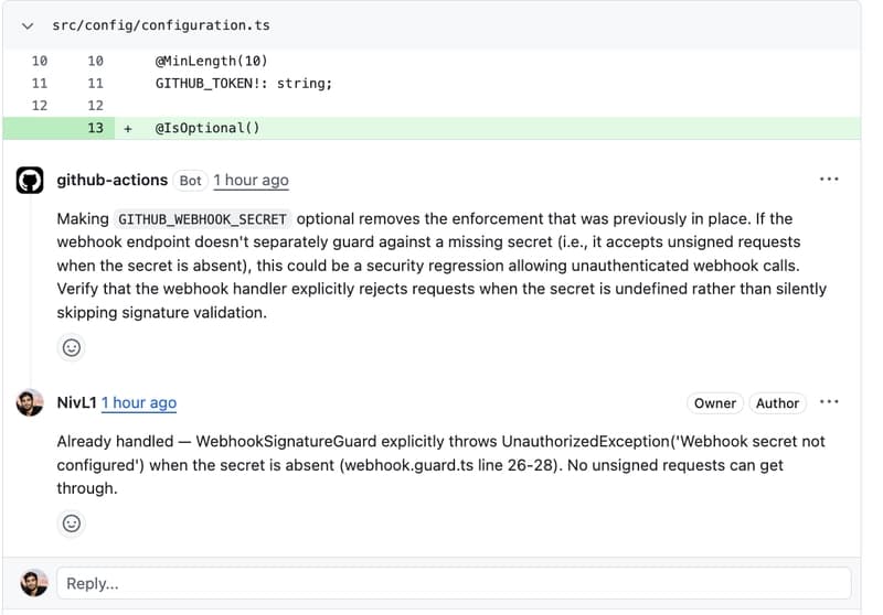 Example inline review comment posted by the bot