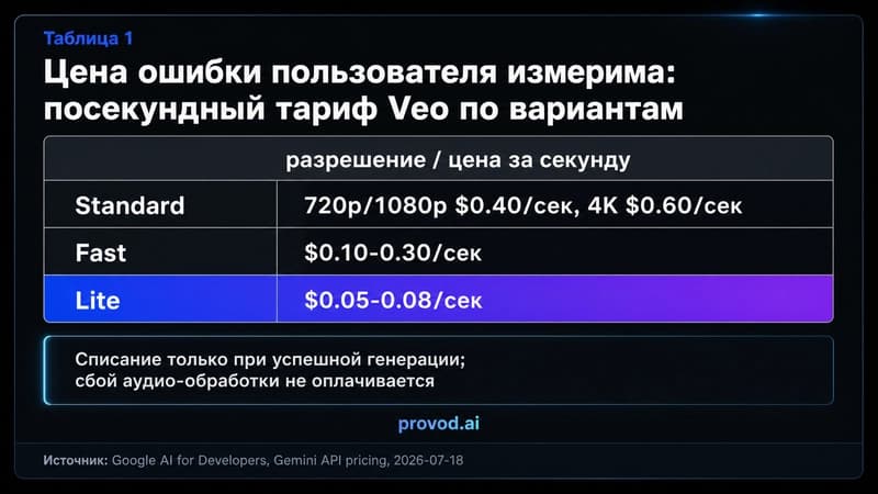 Сравнительная таблица посекундных цен Veo 3.1 по вариантам standard, fast и lite с правилом списания только при успехе