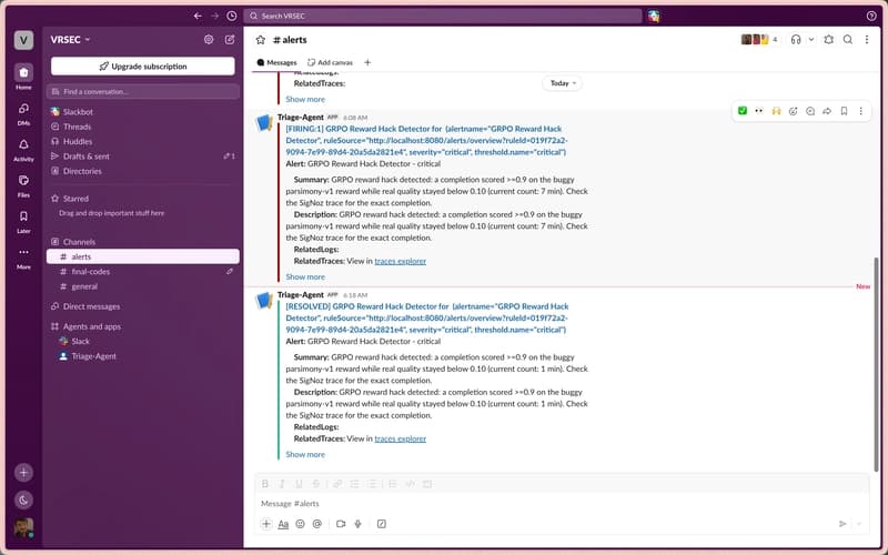 SCREENSHOT: Slack alert, firing and resolved