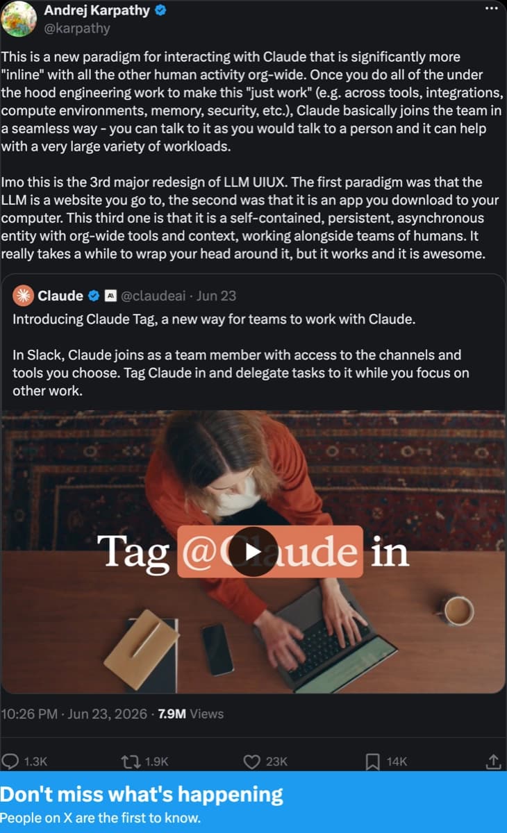 Andrej Karpathy tweet discussing new paradigm for Claude interaction and inline integration