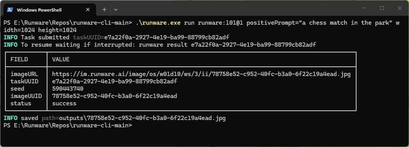 Basic Runware CLI inference in Powershell