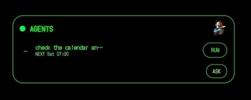 Home-screen Scouter widget showing a registered agent, its next run time, and RUN and ASK buttons